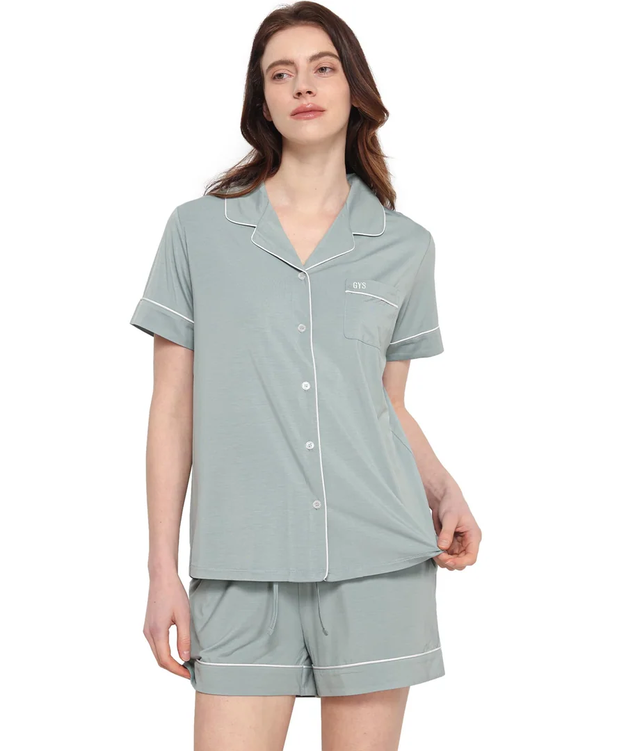 Bamboo Viscose Button Down Pajamas for Women Cooling pajamas Shorts Set — Light Greyish Green · Medium by GYS Pajamas