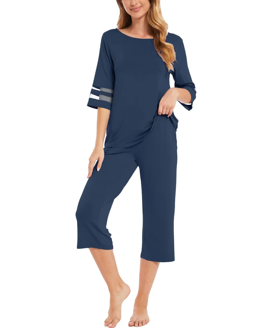 Bamboo Viscose Capri Pajamas for Women Set Cooling 3/4 Sleeve pajamas — Light Navy · Large by GYS Pajamas