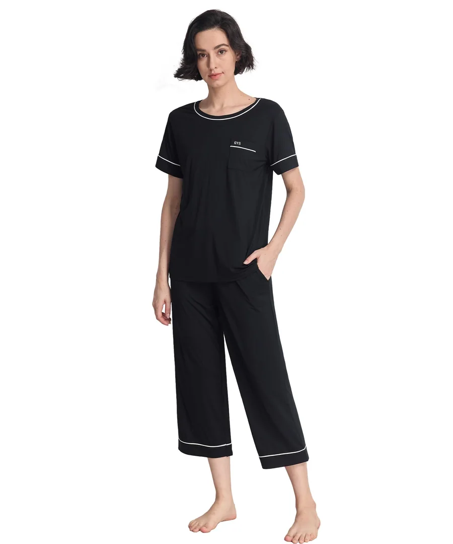 Bamboo Viscose Capri Pajamas for Women Short Sleeve Sleepwear — Black · Medium by GYS Pajamas