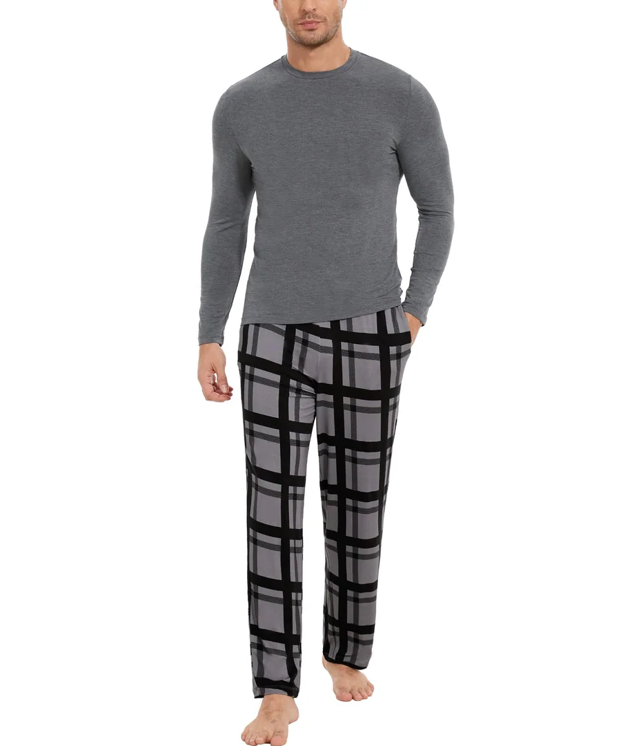 Bamboo Viscose Men's Pajama Sets — Dark Heather Grey/Plaid · Medium by GYS Pajamas