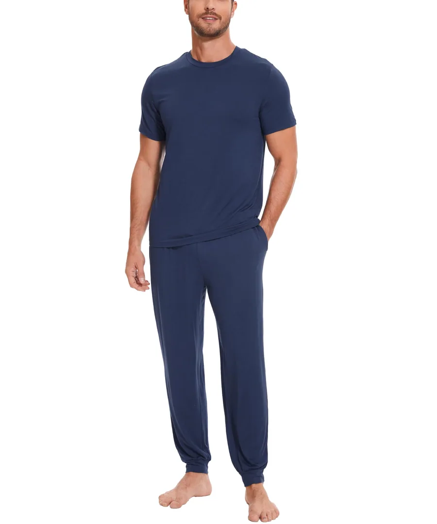 Bamboo Viscose Men's Pajamas Set Short Sleeve Lounge Set for Hot Flashes — Deep Blue · X-Large by GYS Pajamas