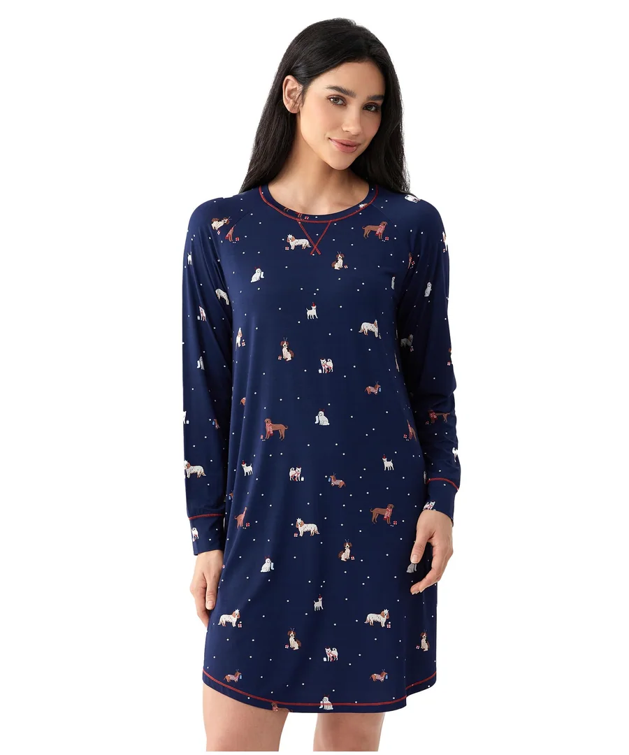 Bamboo Viscose Nightgowns for Women Long Sleeve Crew Neck Soft Sleepwear — Navy Christmas Puppy · Small by GYS Pajamas