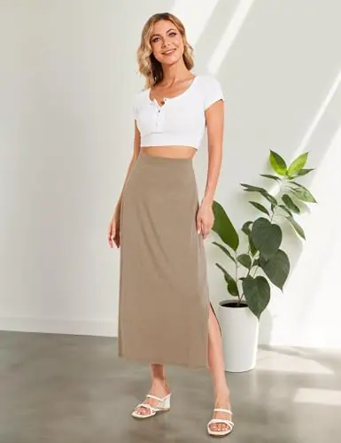 Bamboo Viscose Skirts for Women Midi Length Flowy High Waisted Summer Knit Long Skirts with Slit by GYS Pajamas