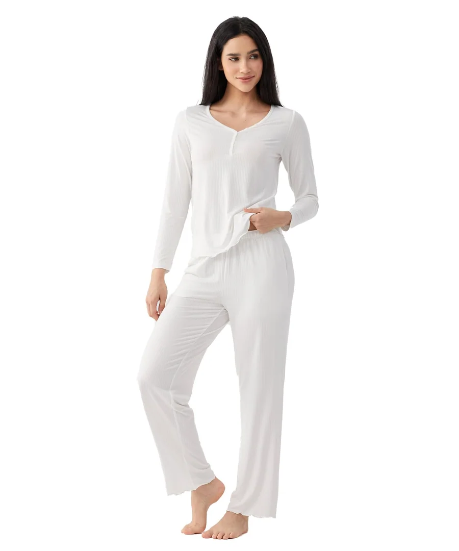Bamboo Viscose Women's Long Sleeve Pajamas Set — White · Large by GYS Pajamas