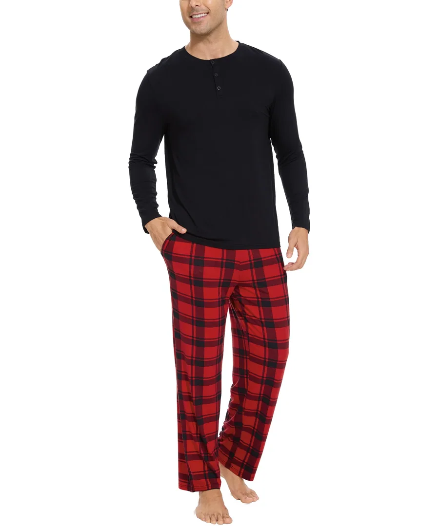 Men's Bamboo Viscose Henley Neck Pajama Set — Red Plaid · Medium by GYS Pajamas