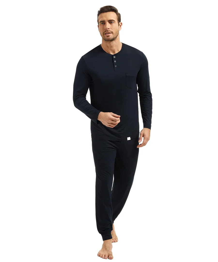 Men's Pajama Sets Bamboo Viscose Sleep Cool and Comfortable Long Sleeve 2-Piece Sleepwear — Black · XX-Large by GYS Pajamas
