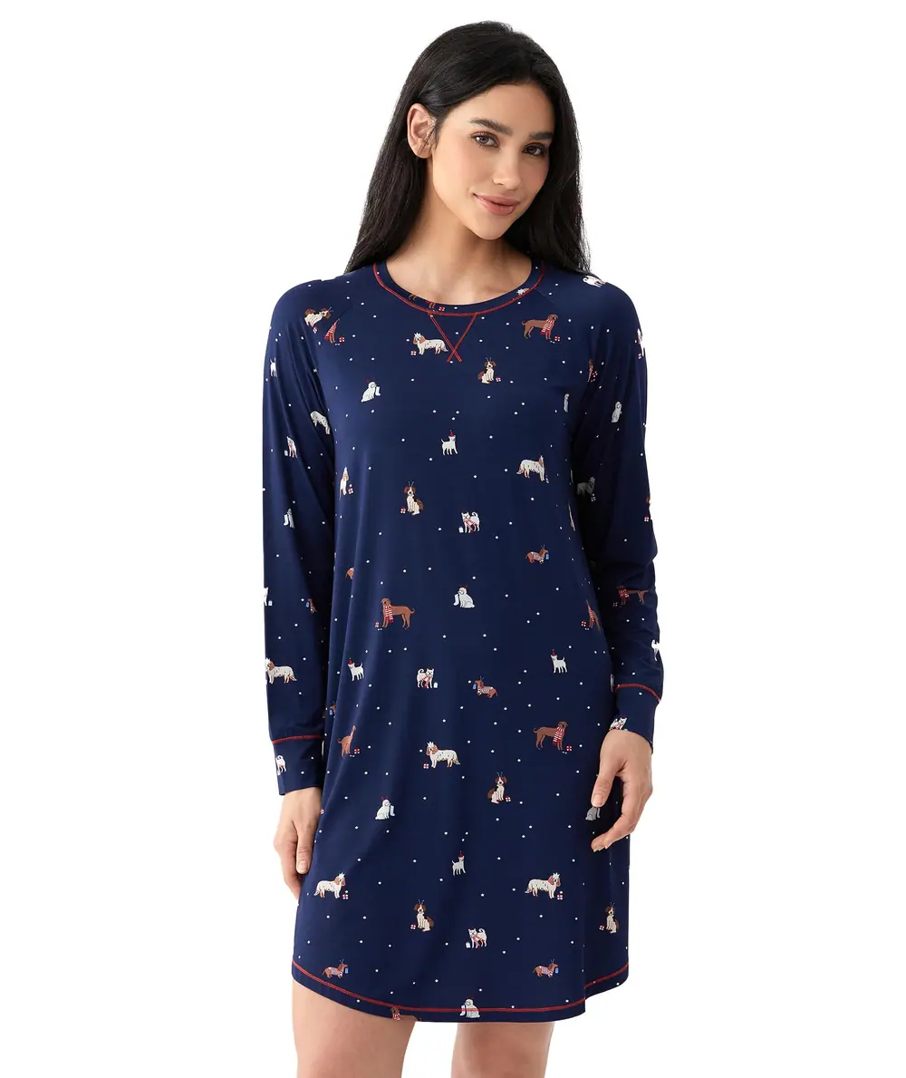 Nightgown for Women Bamboo Viscose Long Sleeve Lace V Neck Soft Sleep Dress by GYS Pajamas