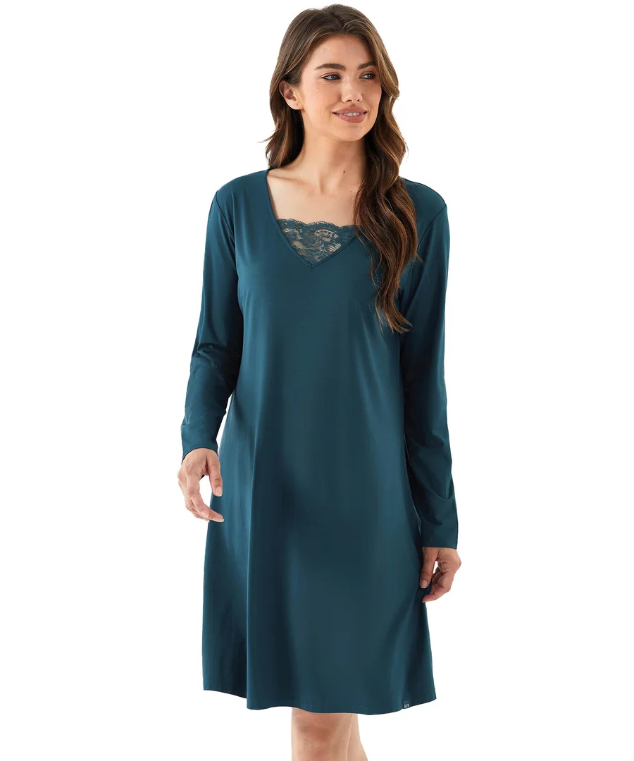 Nightgown for Women Bamboo Viscose Long Sleeve Lace V Neck Soft Sleep Dress — Black · Medium by GYS Pajamas