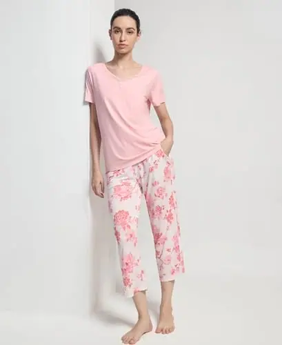 Pajama Sets for Women Soft Bamboo Viscose Short Sleeve Top with Capri Pants 2 Piece Sleepwear by GYS Pajamas