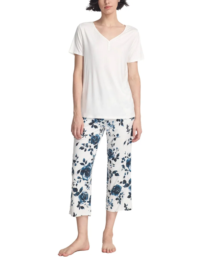 Pajama Sets for Women Soft Bamboo Viscose Short Sleeve Top with Capri Pants 2 Piece Sleepwear — Blue Rose · Medium by GYS Pajamas