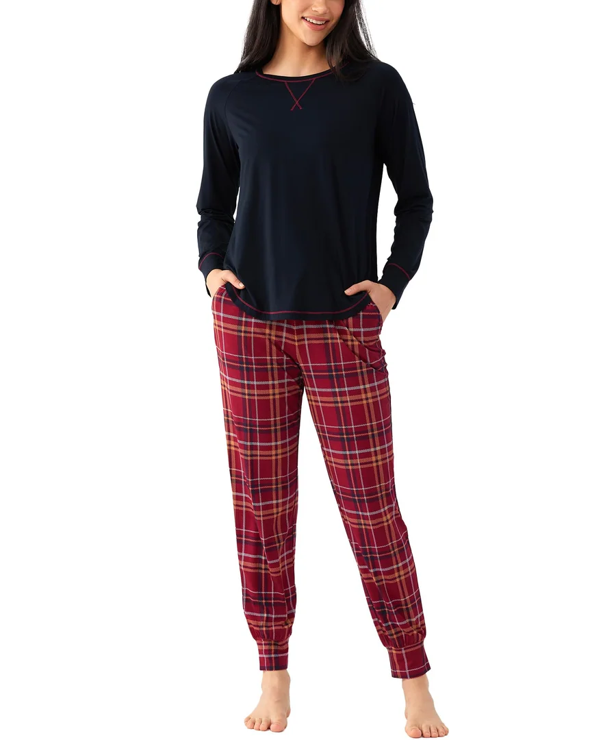 Women's Bamboo Viscose Cooling Jogger Pajama Set — Black/Wine Red Plaid · Large by GYS Pajamas