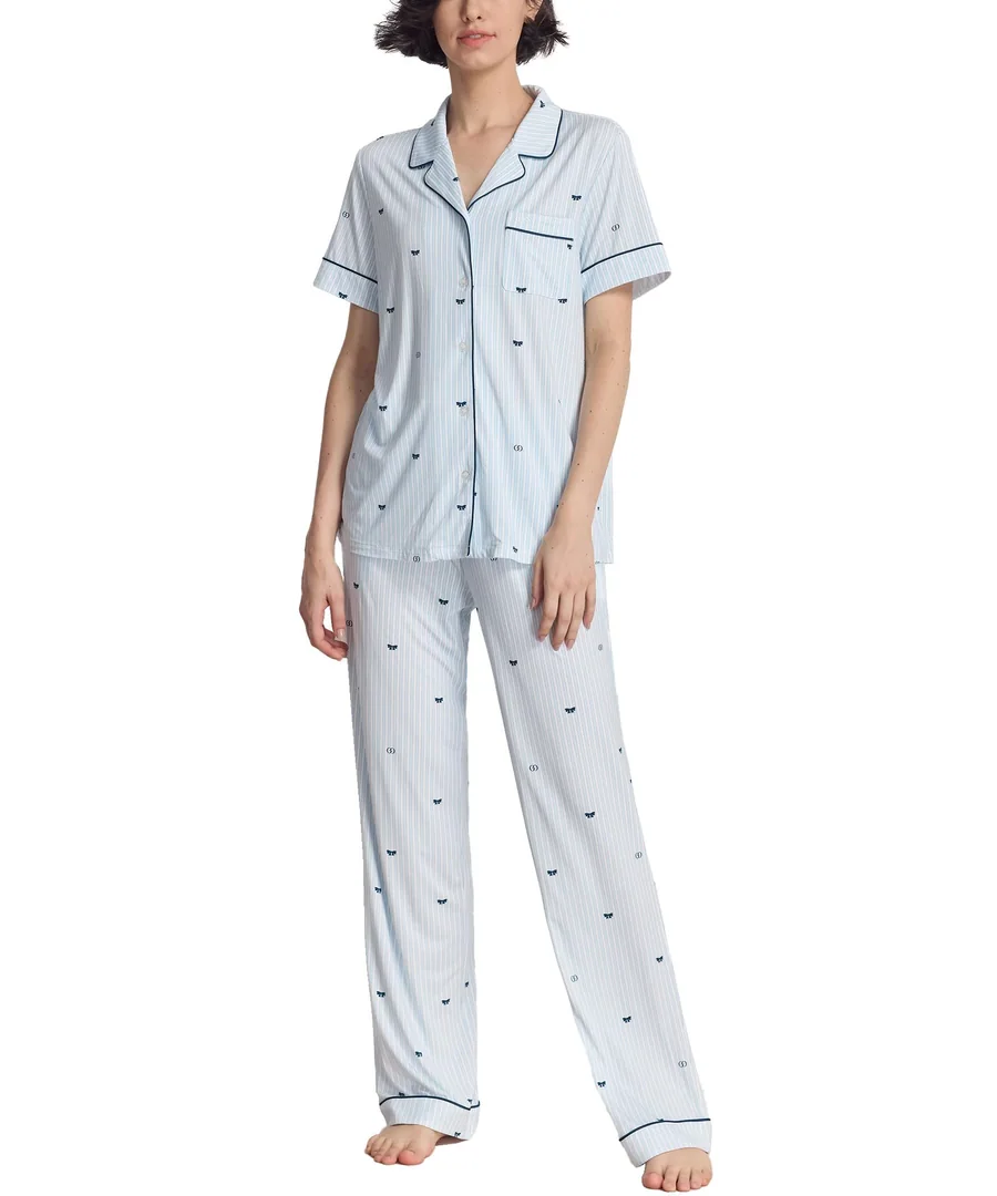 Women's Bamboo Viscose Cooling Notch Collar Button Down Pajama Set — Blue Stripes · Large by GYS Pajamas