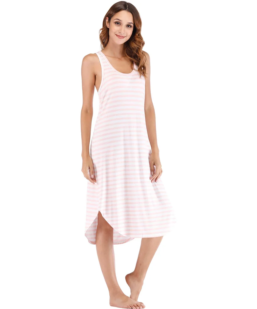 Women's Bamboo Viscose Cooling Racerback Tank Nightgown — Pink and White Stripe · Large by GYS Pajamas