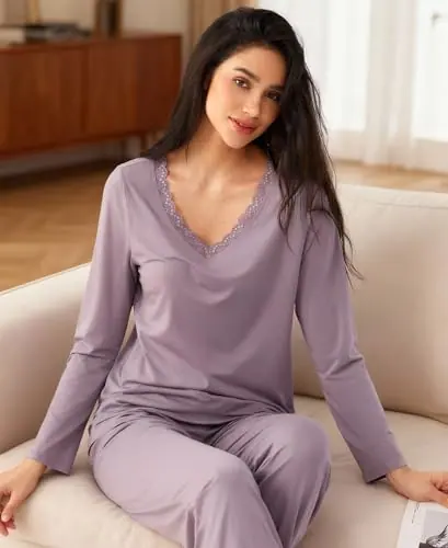 Women's Bamboo Viscose Lace V-Neck Pajama Set by GYS Pajamas