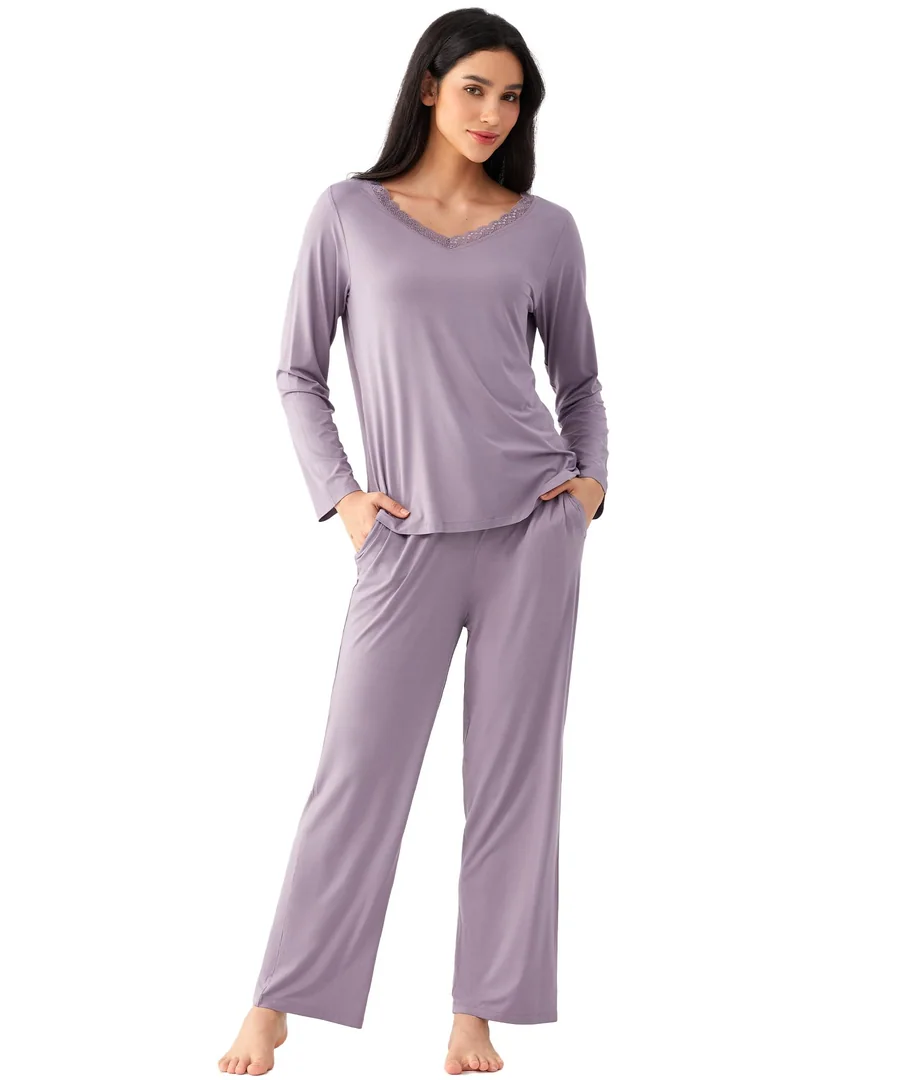 Women's Bamboo Viscose Lace V-Neck Pajama Set — Violet · Small by GYS Pajamas