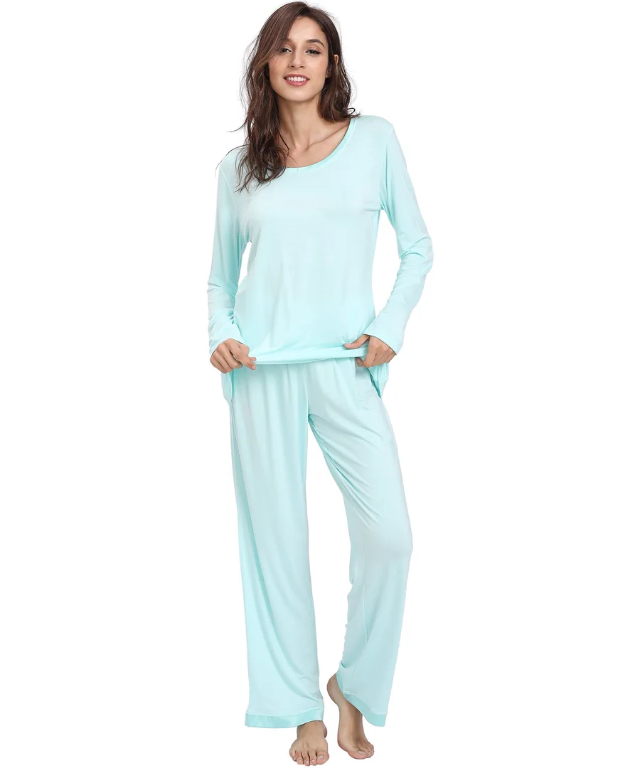 Women's Bamboo Viscose Long Sleeve Pajamas Set — A- Round Neck - Aqua · Medium by GYS Pajamas